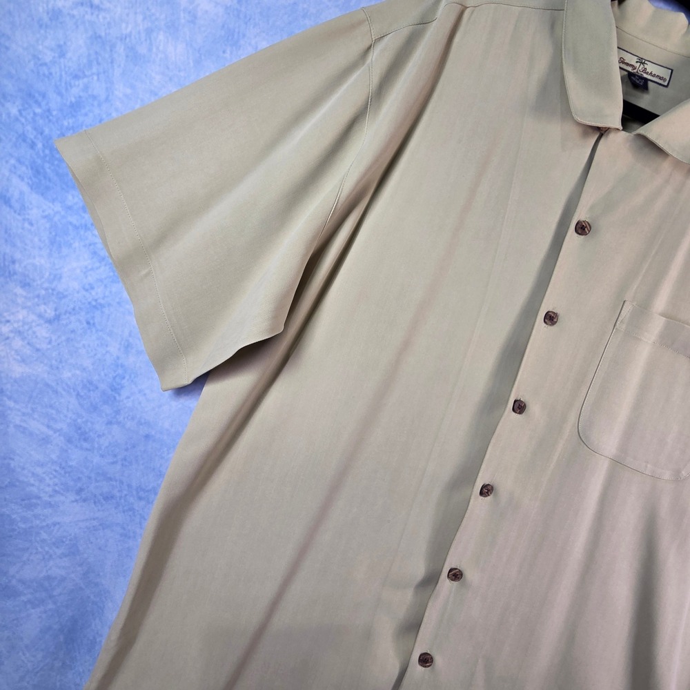 Tommy Bahama Mens XL Silk Camp Shirt Tan Herringbone Short Sleeve Button Up - Picture 4 of 7